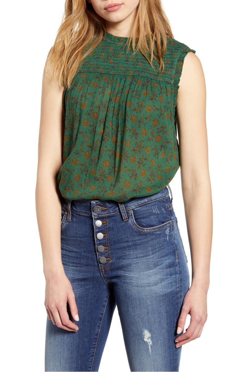 Printed Sleeveless Top, Main, color, GREEN DITSY FOLK PRINT