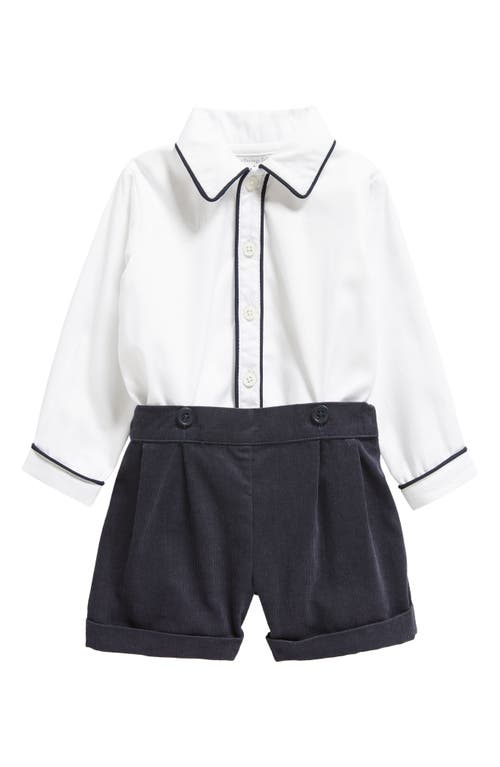 Rachel Riley Piped Cotton Button-Up Shirt & Corduroy Shorts Set in Navy at Nordstrom, Size 24M