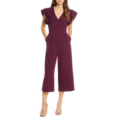 Eliza J Ruffle Sleeve Crepe Jumpsuit, Purple
