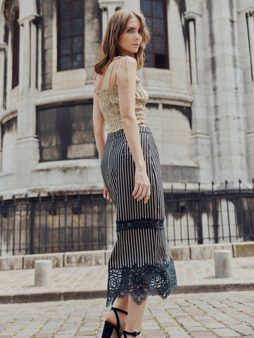 Shop Eddy Lacey Midi Skirt In Black Khaki Stripe