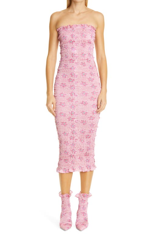 Amy Crookes Floral Print Shirred Tube Dress in Pink Daisy