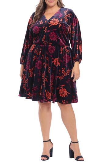 LONDON TIMES LONDON TIMES FLORAL VELVET FIT & FLARE DRESS