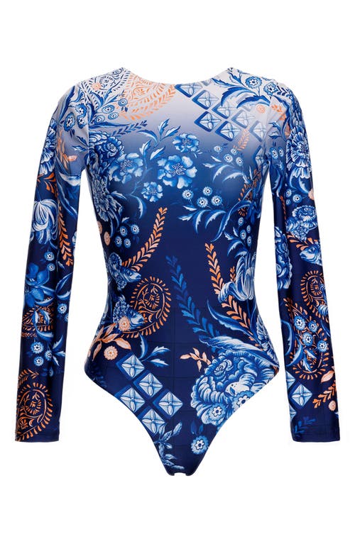 Shop Agua Bendita Clara Azure Long Sleeve One-piece Rashguard Swimsuit In Blue