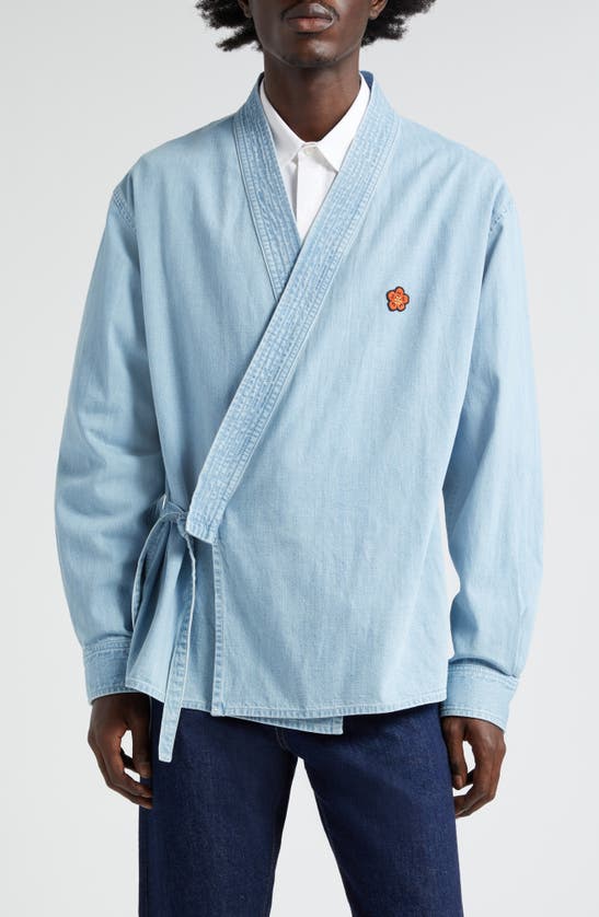 Shop Kenzo Cotton Denim Kimono Jacket In Stone Bleached Blue Denim