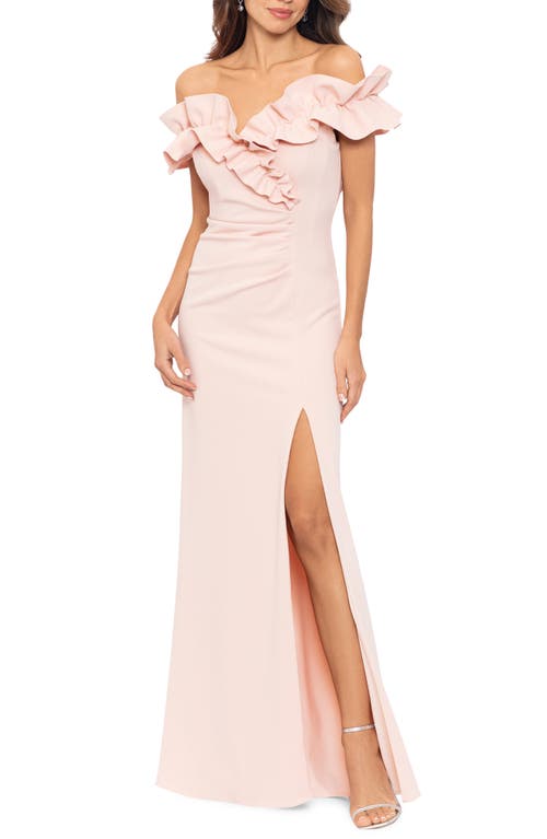 Xscape Ruched Ruffle Scuba Gown in Blush