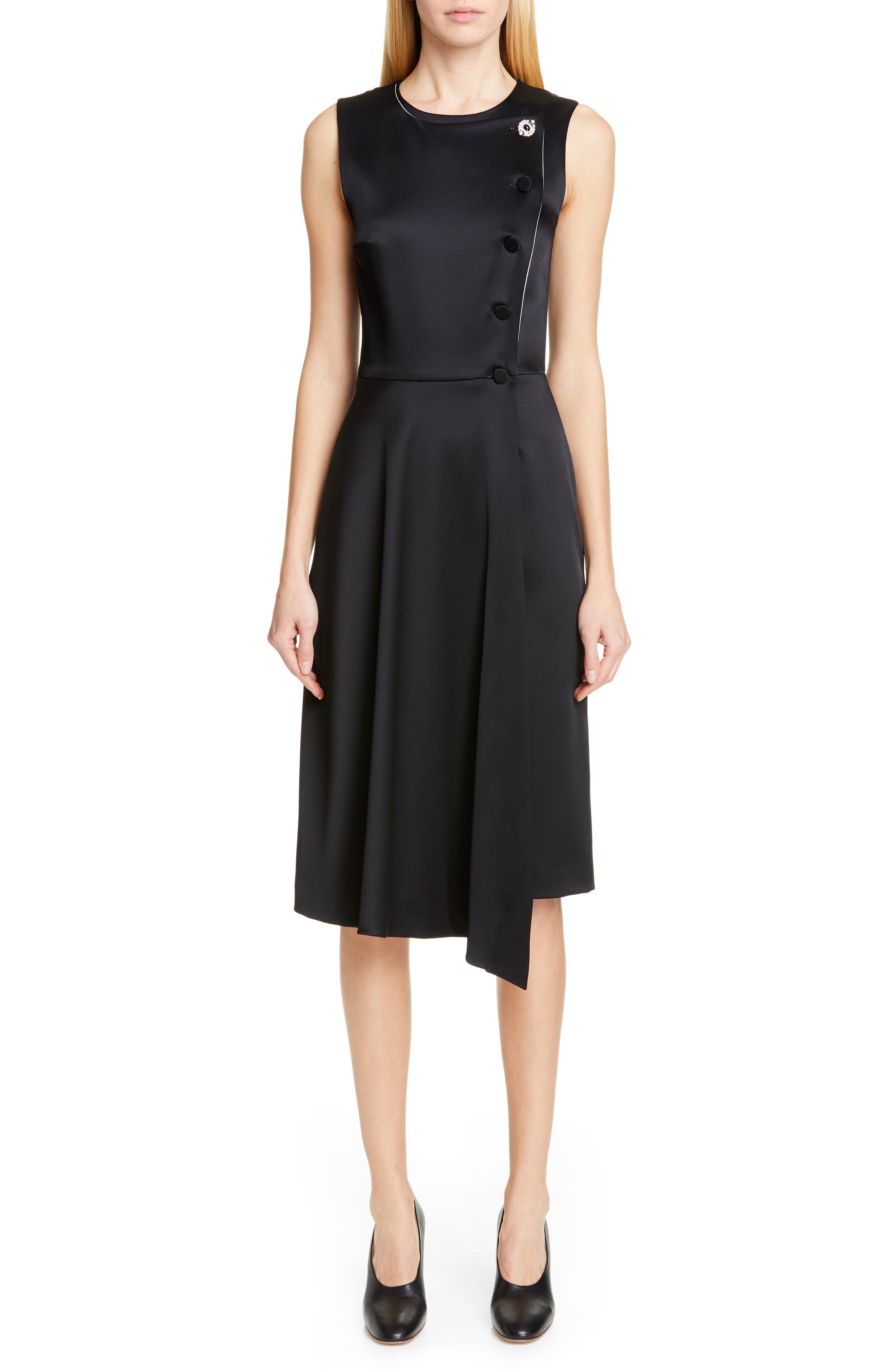 Adam Lippes Crystal Button Satin Sheath Dress, Black