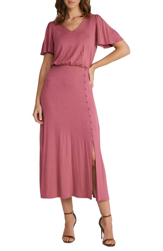 Mila Mae Button Trim Stretch Knit Maxi Dress In Mauve Rose