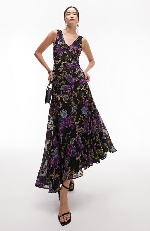 Floral Lace & Devoré Midi Dress in Black Multi
