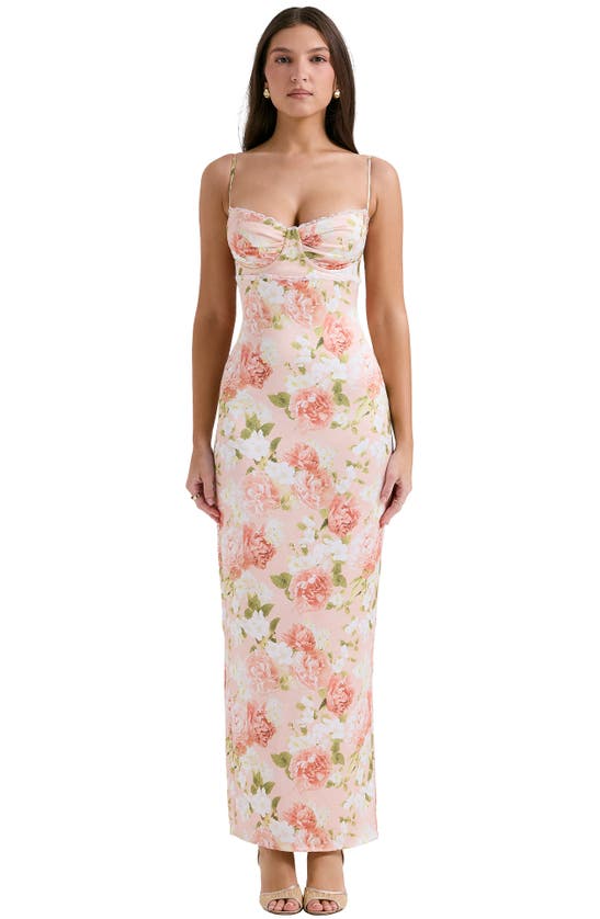 House Of Cb Josefina Floral Bustier Bodice Stretch Satin Body-con Dress In Peony Print