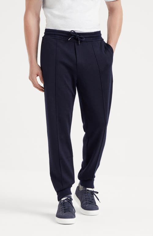 Shop Brunello Cucinelli Cashmere And Silk French Terry Trousers With Crête Detail And Elasticated Zipper  In Navy Blue