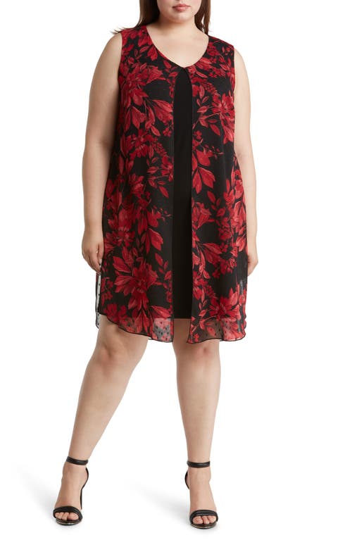 Floral Chiffon Overlay Cape Dress in Red