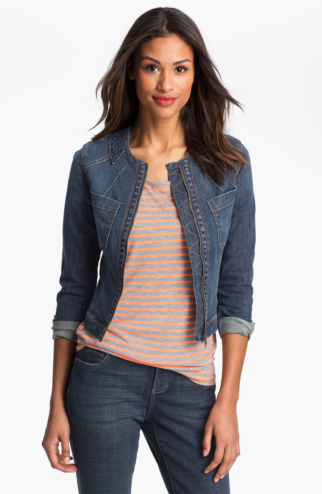 collarless denim jacket women