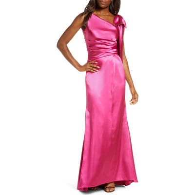 Eliza J Bow Shoulder Satin Gown, Pink