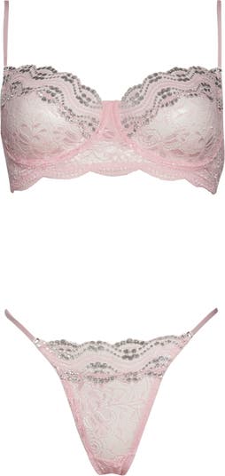  Coquette Women's Eyelash Lace and Mesh Bikini Bra and Thong,  Rose Dust, One Size: Clothing, Shoes & Jewelry