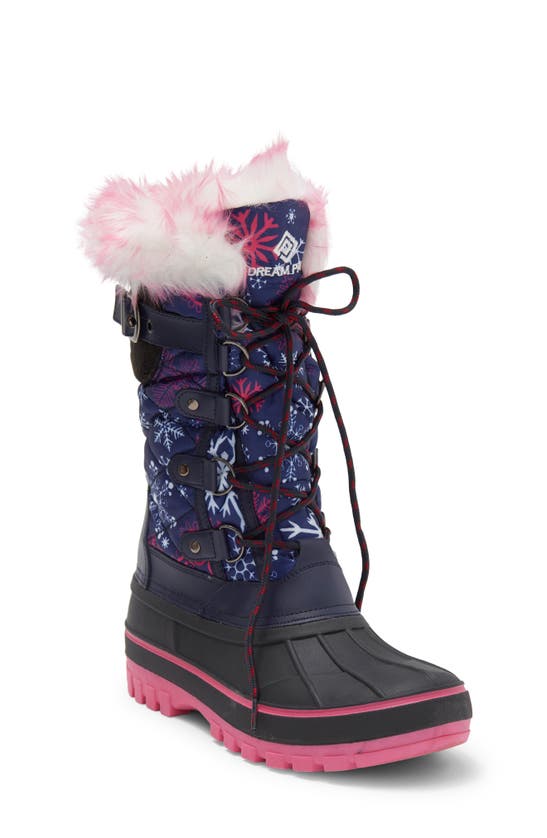 Dream Pairs Kids' Kriver-1 Faux Fur Lined Snow Boot In Navy/ Fuchsia