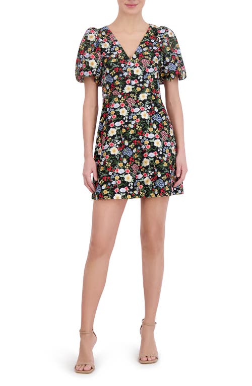 Eliza J Floral Puff Sleeve Minidress Black Multi at Nordstrom,