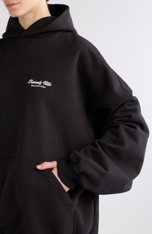 Shop Balenciaga Gender Inclusive Oversize Beverly Hills Logo Cotton Hoodie In Washed Black/white