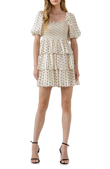 English Factory Polka Dot Multi Tiered Short Sleeve Dress In Cream