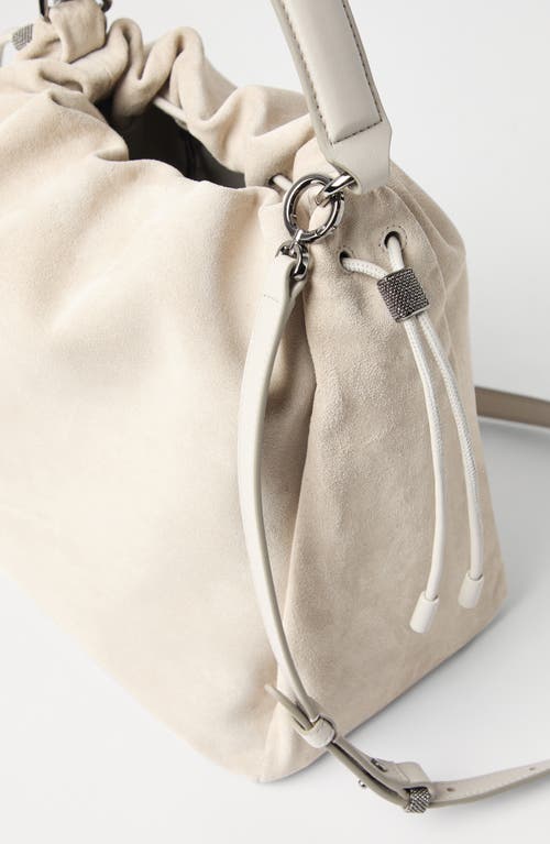 Shop Brunello Cucinelli Sueded Calfskin Bucket Bag With Monili In Light Grey