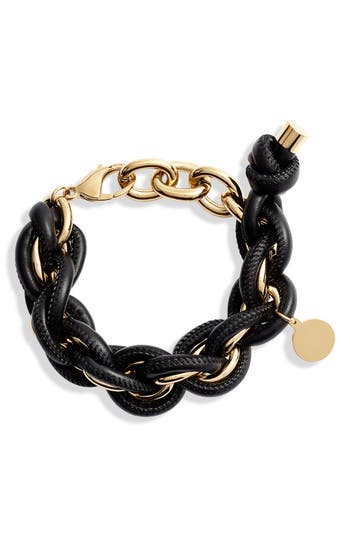Shop Knotty Leather Wrap Chain Bracelet In Rose Gold/black