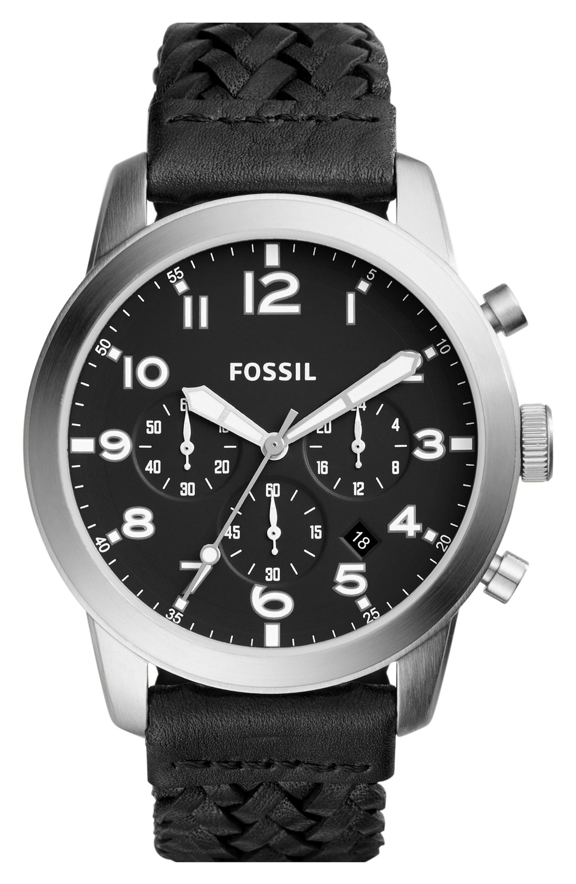Fossil 'Pilot 54' Chronograph Leather Strap Watch, 44mm | Nordstrom