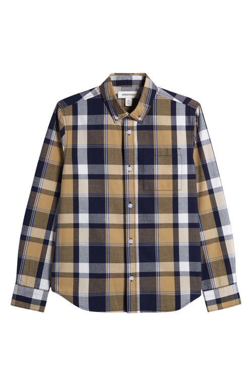 Shop Nordstrom Kids' Plaid Long Sleeve Button-down Shirt In Navy Peacoat- Tan Lou Plaid