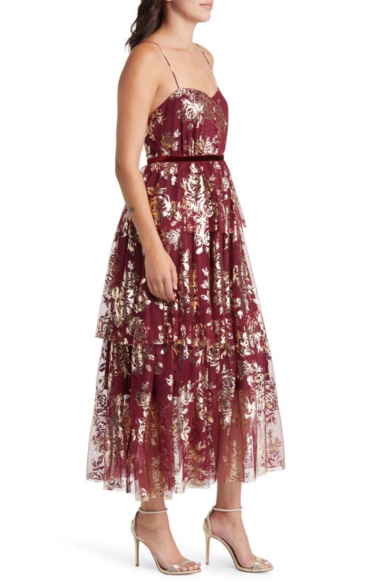 Shop Jewel Badgley Mischka Metallic Floral Tiered Tulle Cocktail Dress In Wine