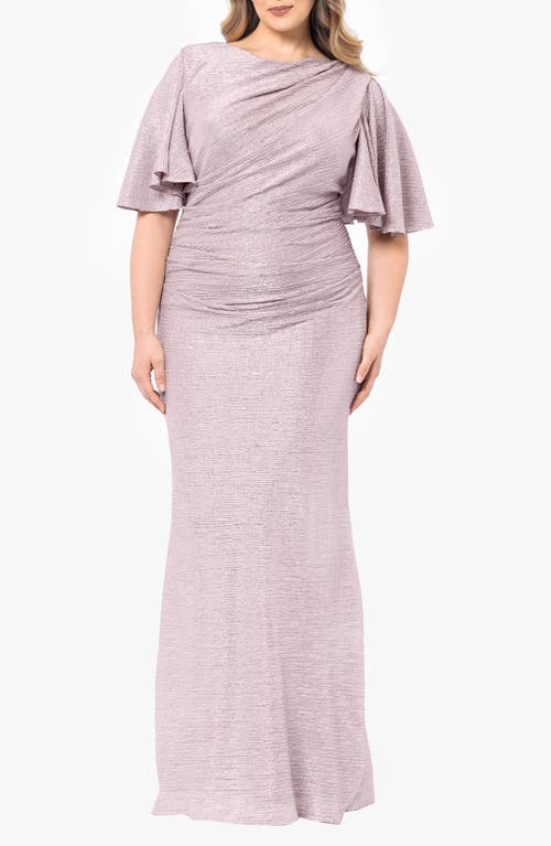 Betsy & Adam Metallic Flutter Sleeve Gown In Blush/silver