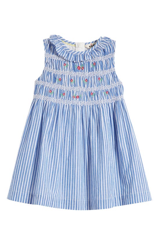 Shop Mini Boden Kids' Smocked Bodice Dress In Mid Blue Leno Stripe