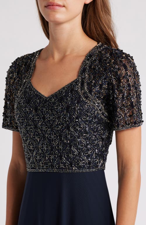 Shop Pisarro Nights Beaded Bodice Chiffon Gown In Navy