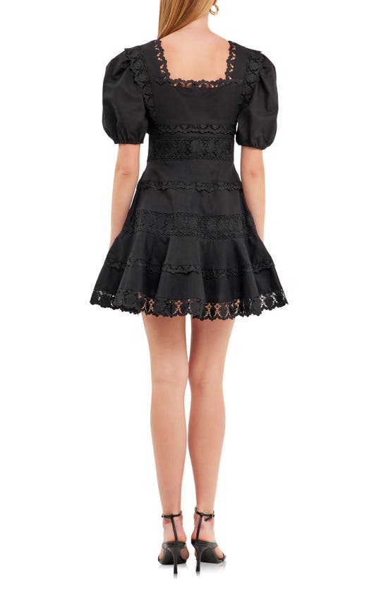 Shop Endless Rose Lace Puff Sleeve Cotton & Linen Minidress In Black