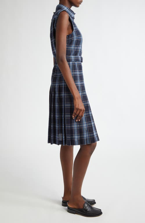 Shop Thom Browne Plaid Belted Wool & Linen Shirtdress In Dark Navy