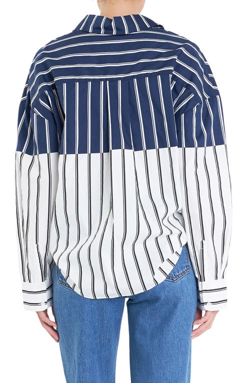 Shop English Factory Stripe Colorblock Button-up Shirt In Navy/white