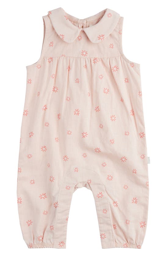 Shop Firsts By Petit Lem Daisy Print Linen & Cotton Romper In Coral Light