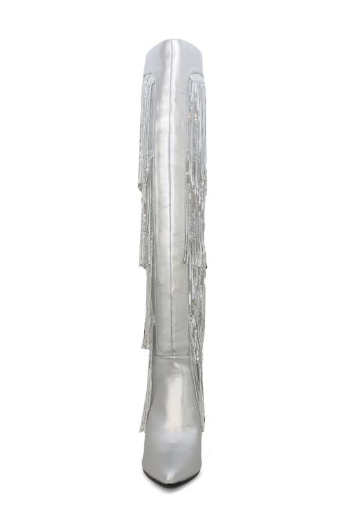 Yoki Nayla Sequin Fringe Knee High Boot In Silver