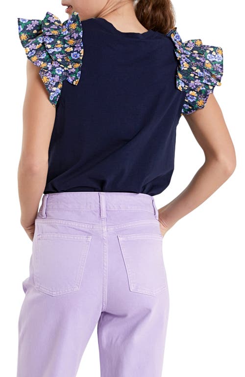 English Factory Floral Ruffle Sleeve Top In Navy Multi