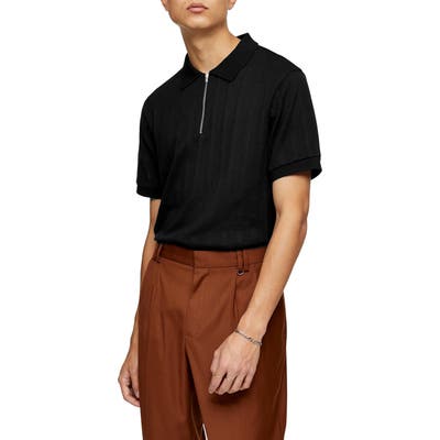 Topman Mesh Stripe Zip Polo, Black
