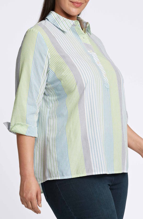 Shop Foxcroft Therese Stripe Split Back Cotton Seersucker Popover Shirt In Blue Multi