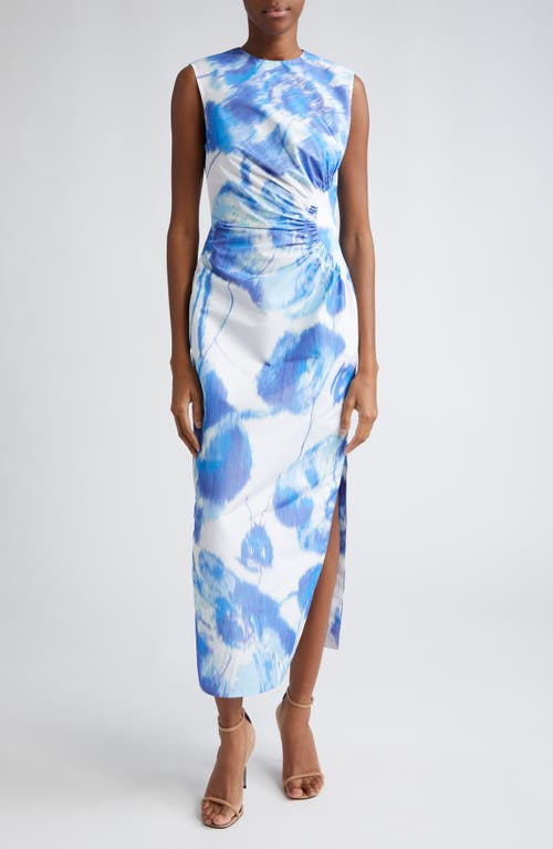 Lela Rose Julia Warp Floral Print Sleeveless Dress In Ivory/blue Multi