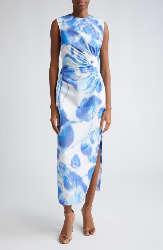 Lela Rose Julia Warp Floral Print Sleeveless Dress In Ivory/ Blue Multi