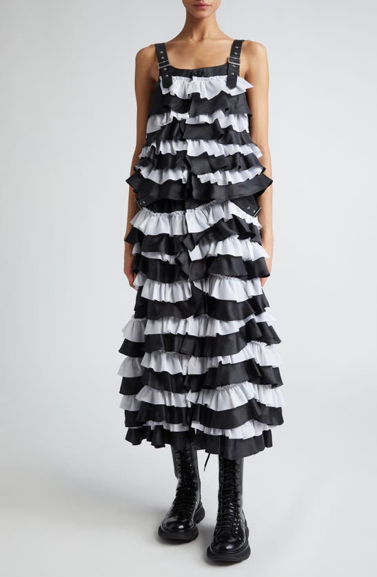 Shop Noir Kei Ninomiya Reversible Colorblock Tiered Ruffle Satin Skirt In Black X White