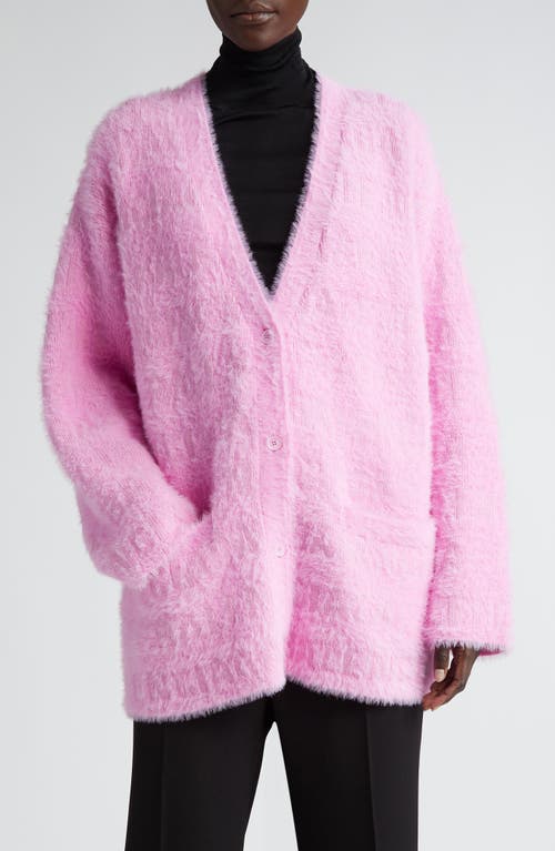 Balenciaga Oversize Furry Logo Jacquard Wool Blend Cardigan Pink at Nordstrom,