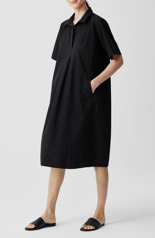 Eileen Fisher Johnny Collar Short Sleeve Organic Cotton Dress In Black