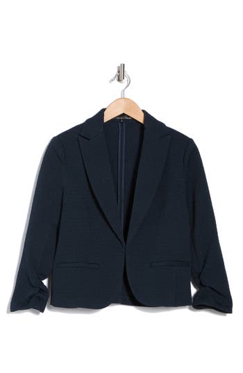 Amanda & Chelsea Ruched Sleeve Jacquard Blazer In Navy