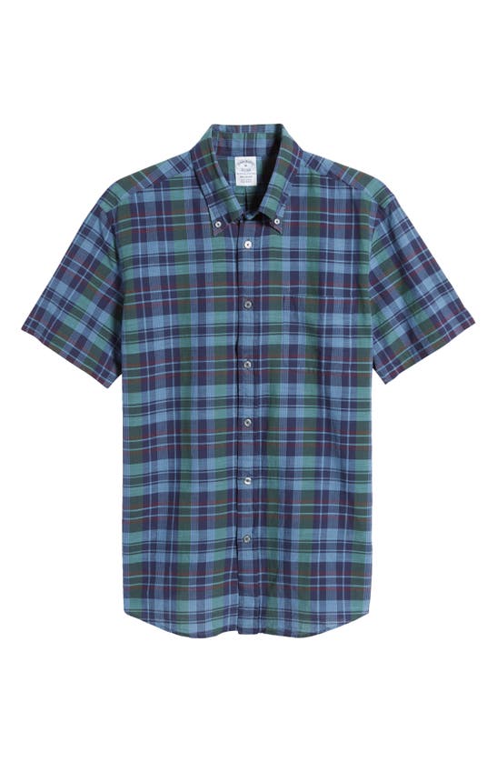 Shop Brooks Brothers Regular Fit Plaid Short Sleeve Cotton Madras Button-down Shirt In Dark Blues