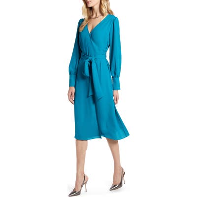 Halogen Long Sleeve Wrap Midi Dress, Blue/green