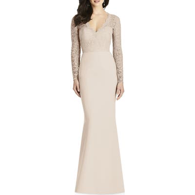 Dessy Collection Lace & Crepe Trumpet Gown, Beige