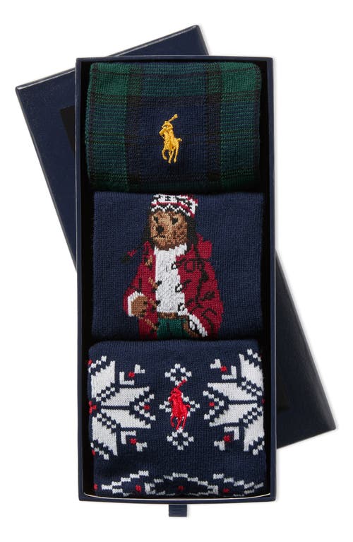 Shop Polo Ralph Lauren Artic Holiday Bear Assorted 3-pack Cotton Blend Crew Socks Gift Box In Navy Multi