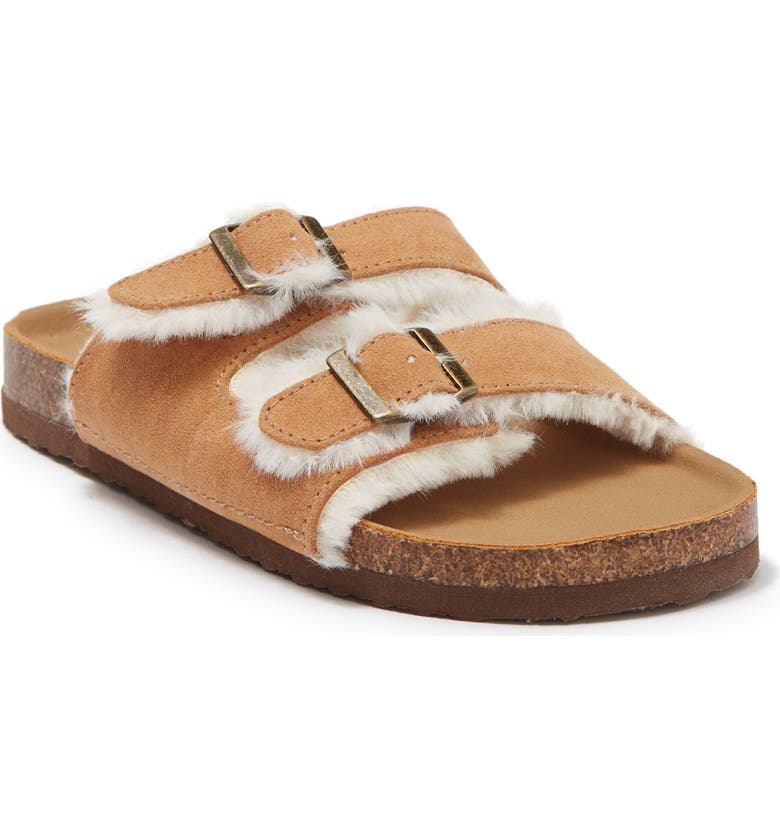 STEVE MADDEN Rainbow Glitter Faux Fur Slide Sandal, Main, color, COGNAC