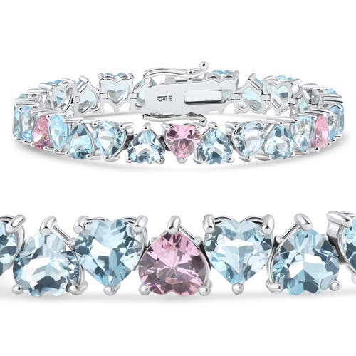 Bliss Diamond 34.43ct Heart Shape Pink & Blue Topaz Tennis Bracelet 14k Gold 23.51grams In 14k White Gold
